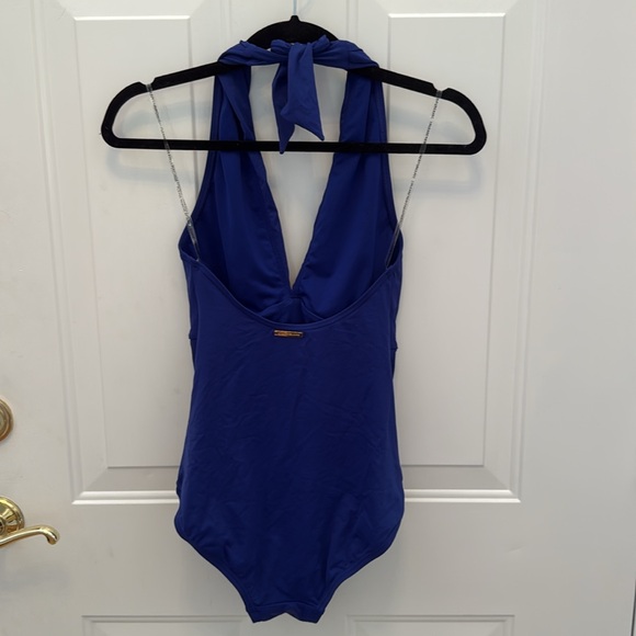 NEW Michael Kors Tie Halter Plunge One Piece Swimsuit Cobalt Blue 8 - Picture 5 of 11